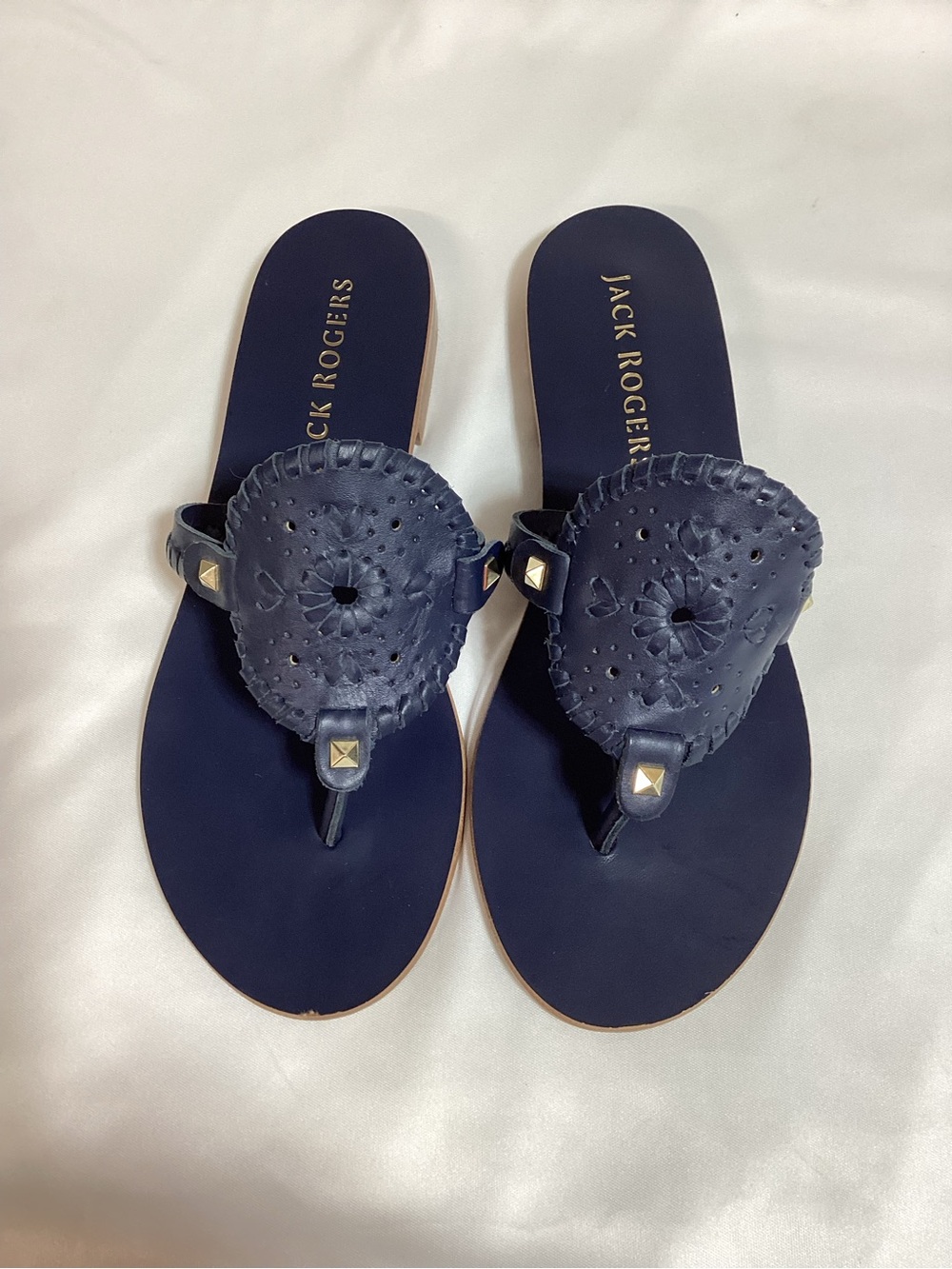 Jack Rogers Collin’s Navy Leather Thong Sandals with Stud Accents
